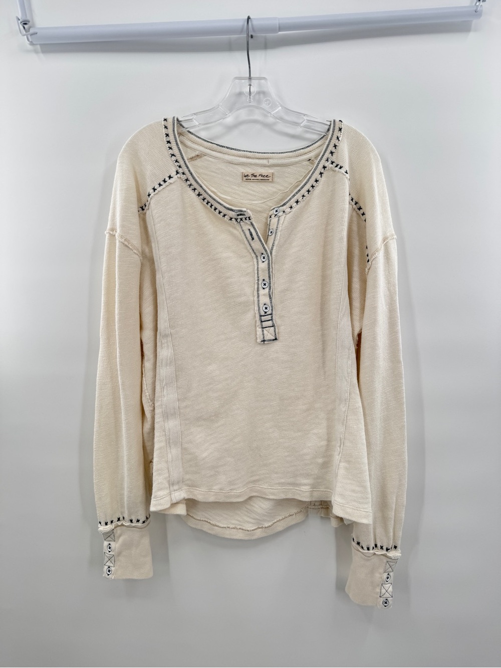 Free People Taylor Henley Thermal Slouchy Cream Top Contrast Stitch Boho Medium